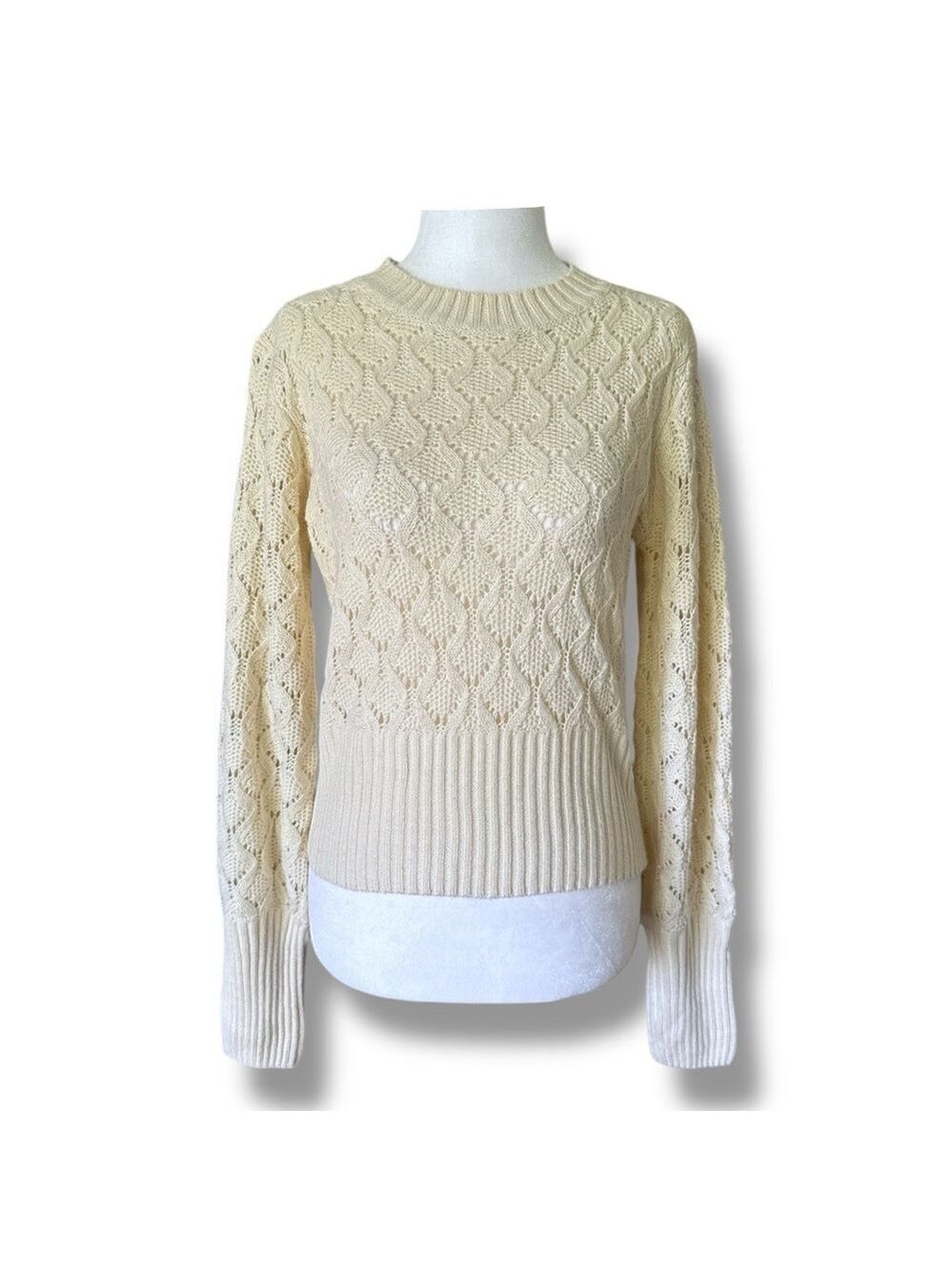 Cream Lace Pattern Knit Crew Neck Sweater